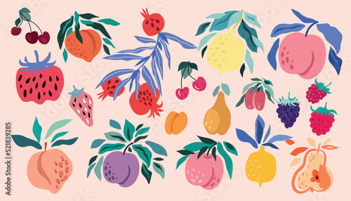 Set vector cartoon fruits, berries/ Cute drawing food elements