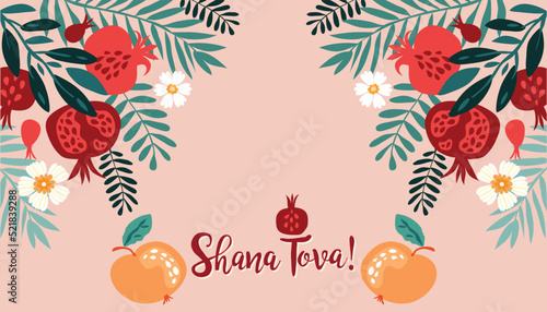 Rosh hashanah , Shana Tova - jewish new year holiday banner template design. Pomegranate, honey, wine, menorah, candle, star David, apple, shofar, flower Vector flat icon illustration
