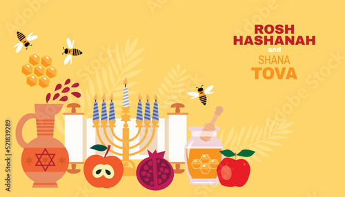 Rosh hashanah   Shana Tova - jewish new year holiday banner template design. Pomegranate  honey  wine  menorah  candle  star David  apple  shofar  flower Vector flat icon illustration 