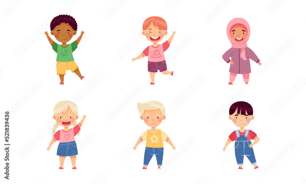 Smiling Multiethnic Boy and Girl Character Greeting Waving Hands and Standing Vector Set