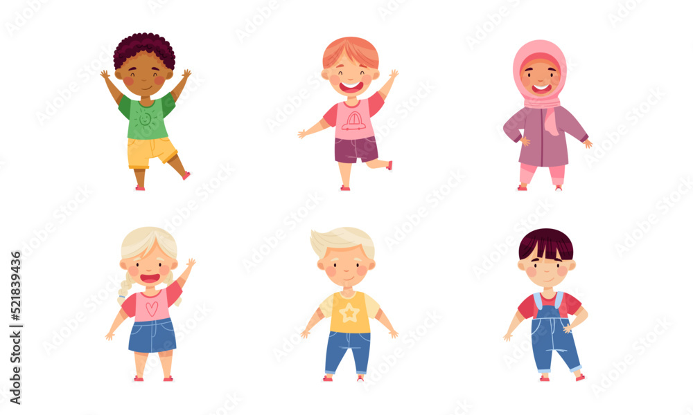 Smiling Multiethnic Boy and Girl Character Greeting Waving Hands and Standing Vector Set Smiling Multiethnic Boy and Girl Character Greeting Waving Hands and Standing Vector Set