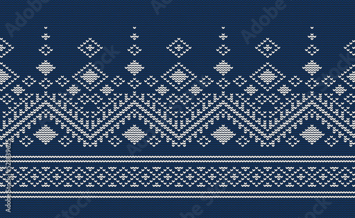 White and Blue Knitted Pattern Vector, Embroidery Style Background, Ethnic Continuous wallpaper