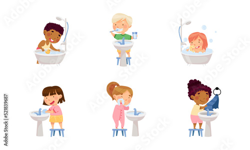 Little Kids Having Bathroom and Toilet Procedure Washing Themselves Vector Set