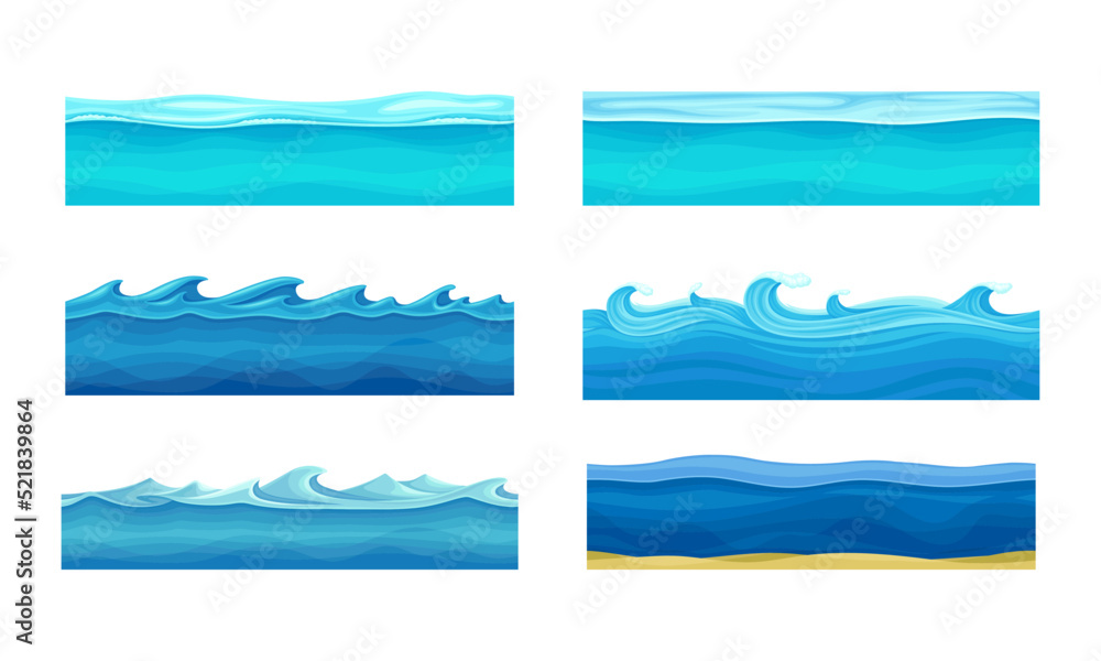 Blue Water Surface with Curved Raising Waves and Ripple Vector Set