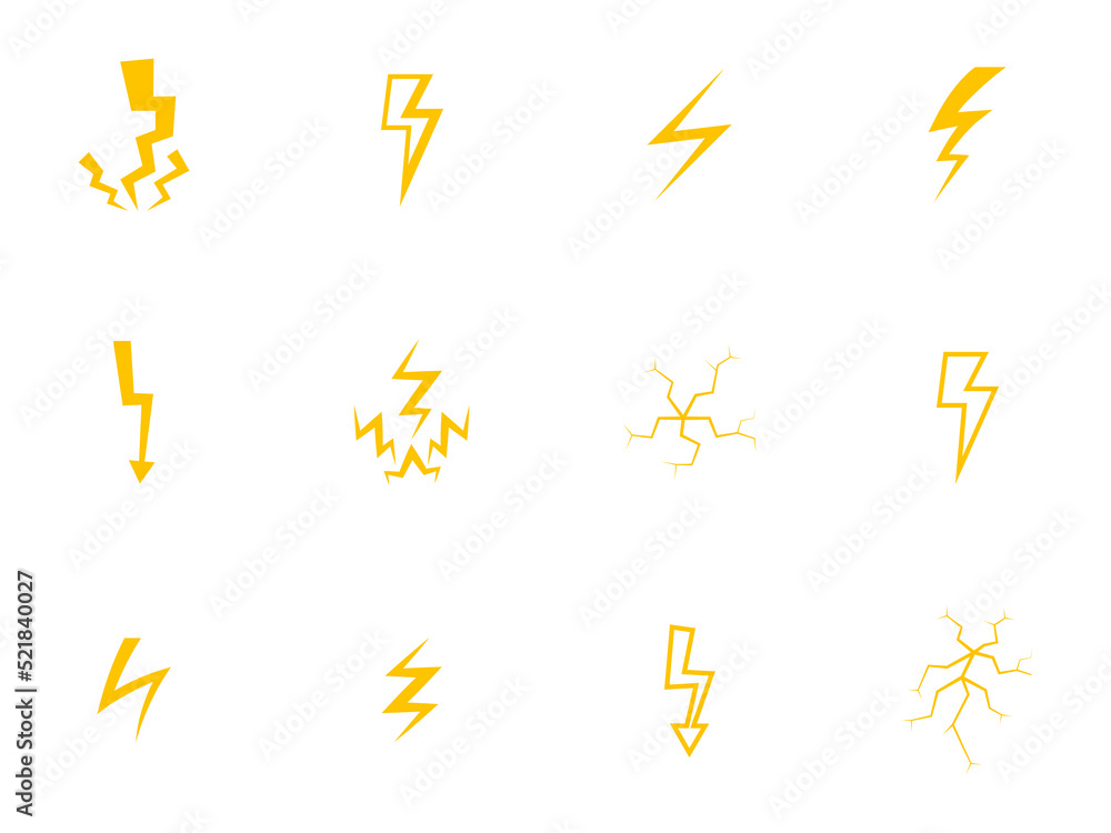 Conjunto de iconos de rayo color amarillo. Concepto de tormenta eléctrica, electricidad, trueno de diferentes formas y estilos Conjunto de iconos de rayo color amarillo. Concepto de tormenta eléctrica, electricidad, trueno de diferentes formas y estilos