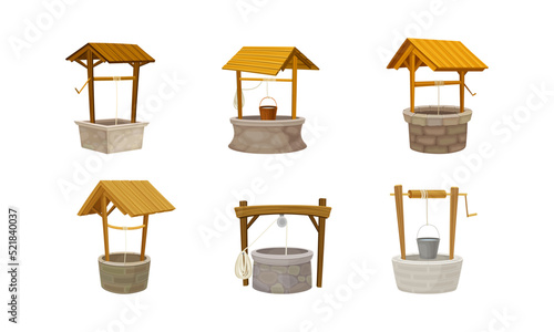 Well as Stone or Wood Structure in the Ground for Accessing Water with Bucket Raising by Hand Using Winch Vector Set