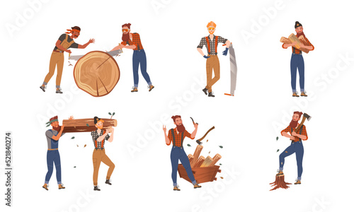Bearded Woodman or Lumberman in Checkered Shirt and Sling Pants with Felling Ax Chopping and Sawing Wood Vector Set