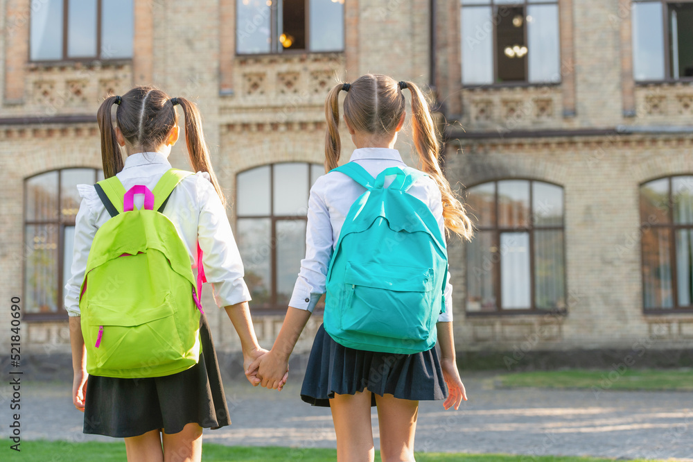 back view of two schoolkids with school backpack walking together outdoor. copy space