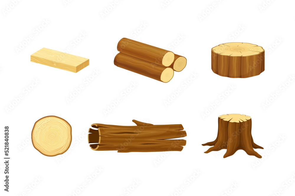 Wood Material with Log, Tree Stump and Plank Vector Set Wood Material with Log, Tree Stump and Plank Vector Set