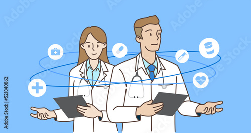 PrintMale and female doctor with technology healthcare and medicine icons. Healthcare and medical concepts. Hand draw style. Vector illustration.