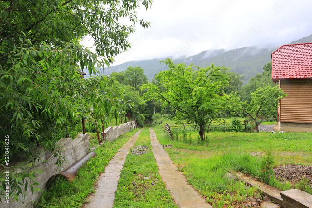 Landscape with road in rainy day in Yaremche, Ukraine Landscape with road in rainy day in Yaremche, Ukraine