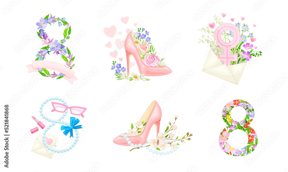 International Women's Day Holiday Attributes with Floral Composition Vector Set