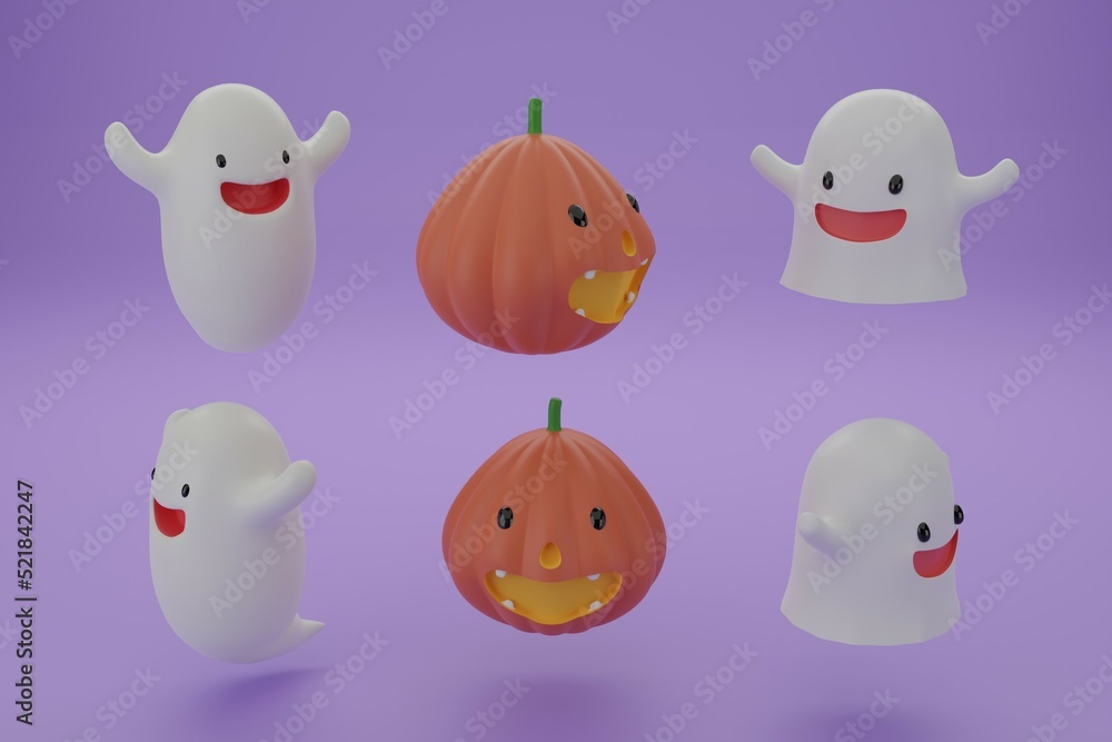 Fototapeta premium pumpkin horror holiday autumn spooky halloween jack o lantern illustration 3d render fun face spirit ghost cartoon death monster