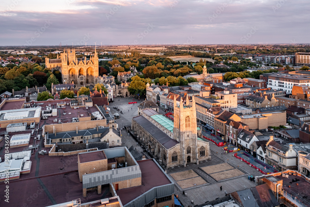Aerial cityscape skyline of Peterborough Cathedral and Guildhall church in city centre