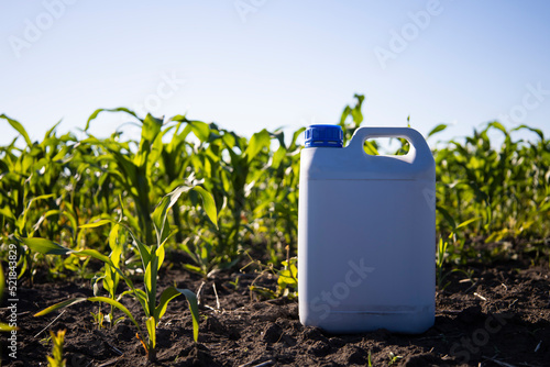 фотографія Herbicide plastic canister can in corn field, crop protection concept