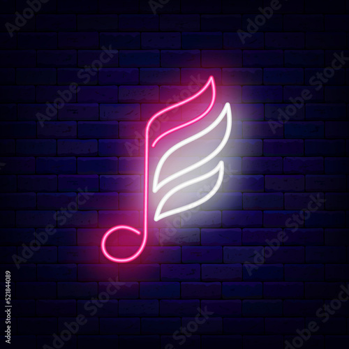 Abstract note with wings neon icon. Record studio logotype. Musical sign. Inspiration concept. Vector stock illustration