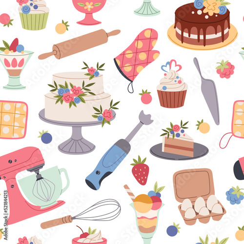 Confectionery seamless pattern. Cartoon desserts and sweet products, kitchen tools, creamy muffins, tasty cakes and pastries. Decor kitchen textile, wrapping paper. Tidy vector background