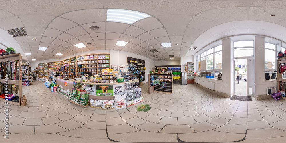 Full seamless panorama 360 degrees of Pet store, cat and dog supplies