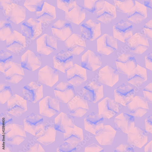 Ice cube seamless pattern on violet background. Hand drawn watercolor illustration