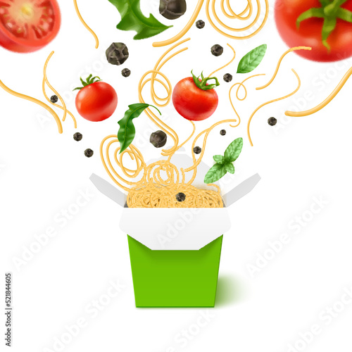 Flying noodles box. Realistic cardboard asian fast food container with pasta, tomatoes, basil and pepper, takeaway wok, blank packaging, 3d isolated elements falling, utter vector concept