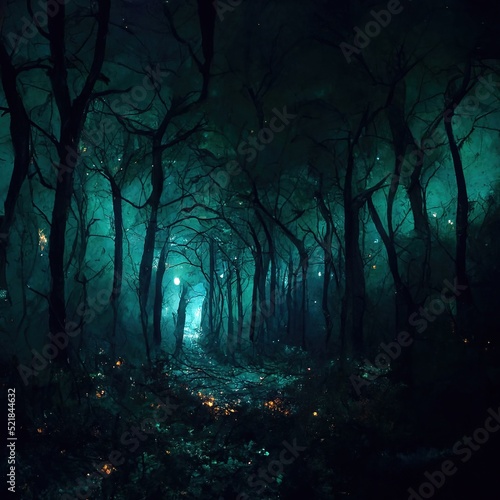 Realistic haunted forest creepy landscape at night. Fantasy Halloween forest background. Digital art.