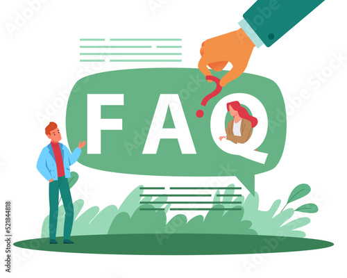 Frequently asked questions. Consulting customer support, tips for solving problems, speech bubble with letters, tiny people. Internet communication platform, FAQ vector cartoon flat concept