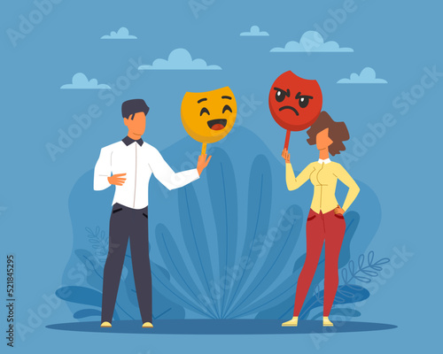 Masking true emotions and feelings. False social identity, pretense and hypocrisy, emotional intellect, people hold masks, psychology and mental health vector cartoon flat concept