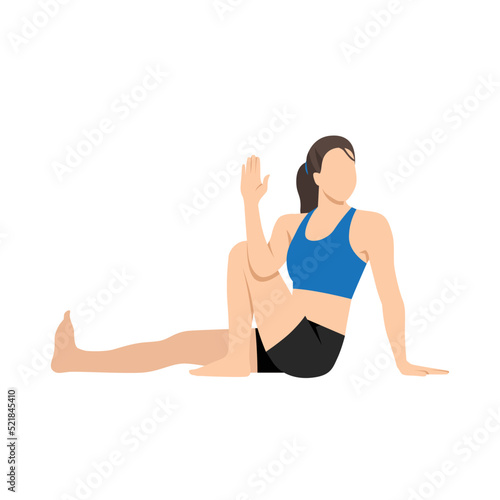Woman doing Sage Marichi Pose C Variation, Beautiful girl practice Marichyasana C Variation. Flat vector illustration isolated on white background