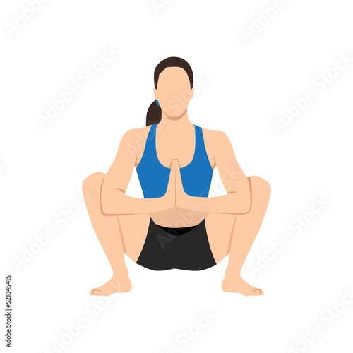 Woman doing yoga, sitting in malasana garland pose. Flat vector illustration isolated on white background