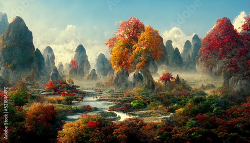 Chinese autumn landscape with autumn trees and majestic mountains. Season background. Digital art.