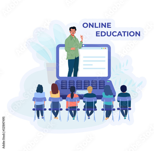 Online education concept. Giant laptop with a list of school subjects. Boy is entering online school. Teacher and pupil, student. Online tutor.