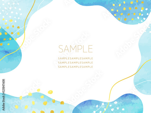 夏　水彩風 曲線 フレーム 抽象的 手描き　青　暑中見舞い