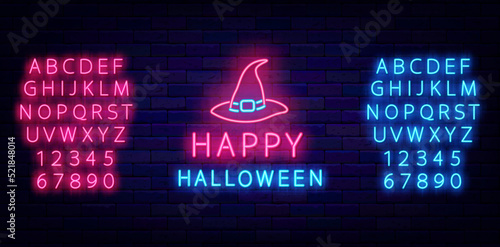 Happy halloween neon label on brick wall. Scary holiday emblem. Shiny blue and pinl alphabet. Vector stock illustration
