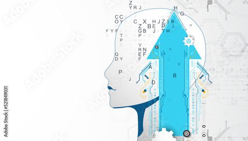 Artificial Intelligence. Technical background with a silhouette of a man. Big data concept. Machine cyber mind.
