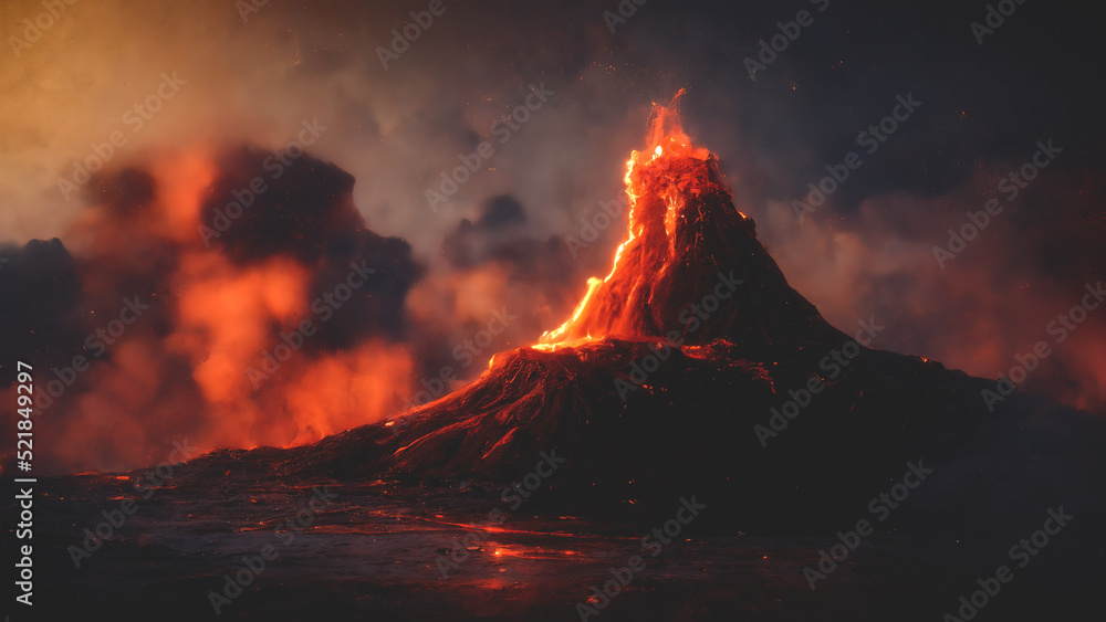 Night landscape with volcano and burning lava. Volcano eruption, fantasy landscape. 3D illustration.