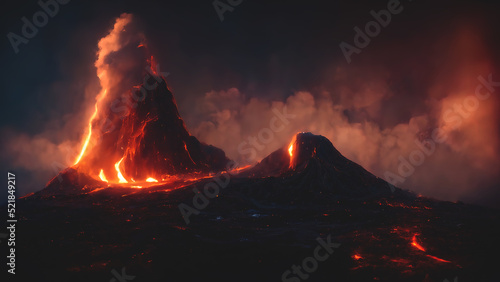 Night landscape with volcano and burning lava. Volcano eruption, fantasy landscape. 3D illustration.