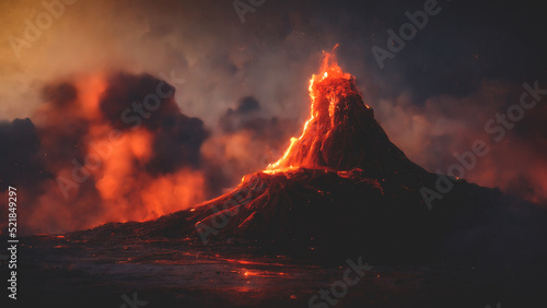 Tablou canvas Night landscape with volcano and burning lava
