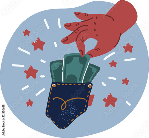 Vector illustration of Human hand holding dollar currency cash taking banknote out of jeans pocket