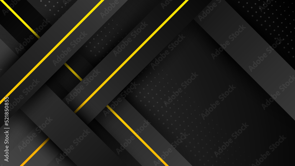 Black and yellow overlap background. Texture with dark metal pattern. Modern overlap dimension vector design. Futuristic perforated technology abstract background with yellow glowing lines Black and yellow overlap background. Texture with dark metal pattern. Modern overlap dimension vector design. Futuristic perforated technology abstract background with yellow glowing lines