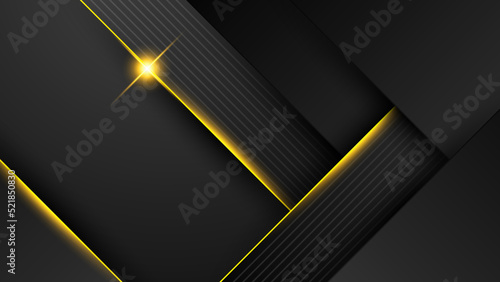 Black and yellow overlap background. Texture with dark metal pattern. Modern overlap dimension vector design. Futuristic perforated technology abstract background with yellow glowing lines