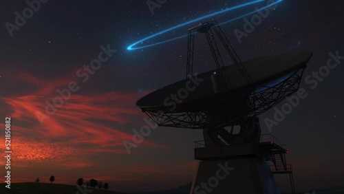 a space antenna or ground observatory observing space from the earth's surface with a signal effect against the background of the sunset sky photo