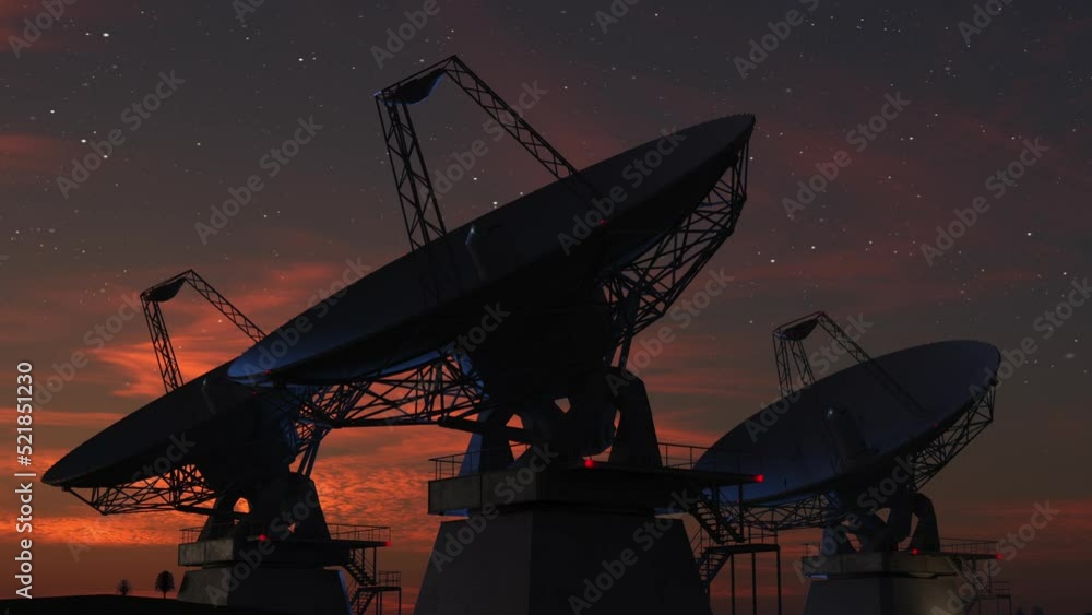 a group of space antennas or ground observatories observing space from the earth's surface against the background of a sunset sky a group of space antennas or ground observatories observing space from the earth's surface against the background of a sunset sky