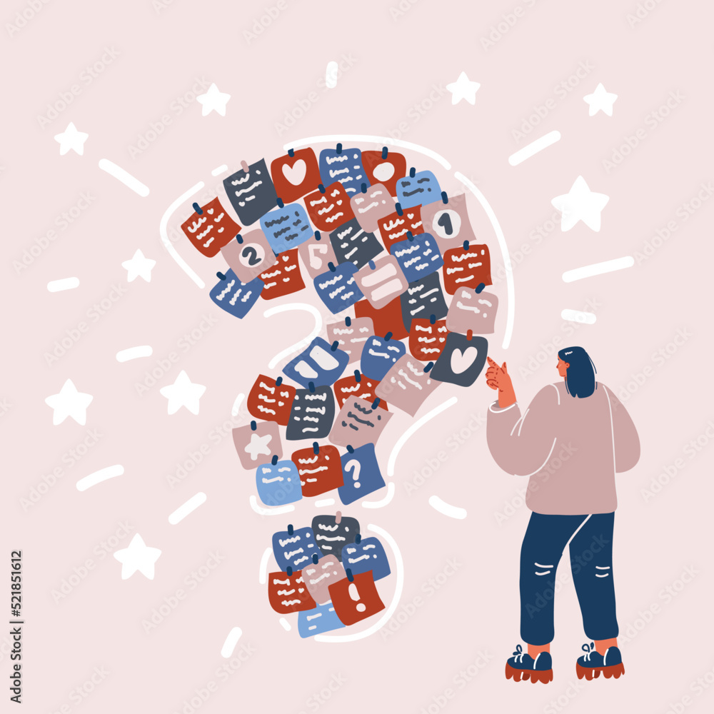 Vector illustration of Woman look at big question mark contain of sticker paper with notes Vector illustration of Woman look at big question mark contain of sticker paper with notes