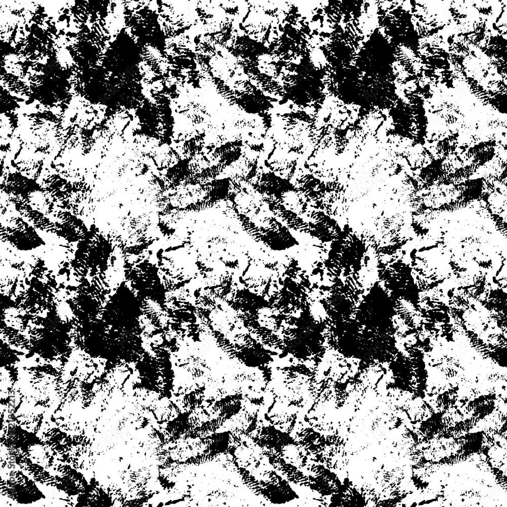 Fototapeta premium Abstract seamless texture. Rough grungy brush imprints. Overlapping black messy dry paint technique brushstrokes on white background. Dirty stains print.