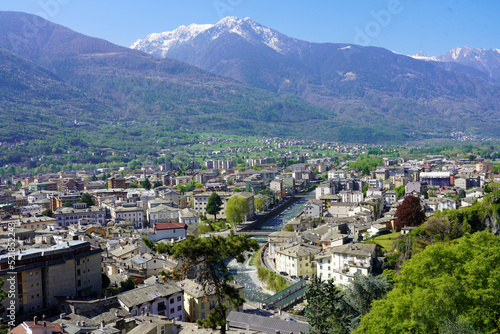Aerial view of Sondrio town in Valtellina valley in Lombardy region, Italy