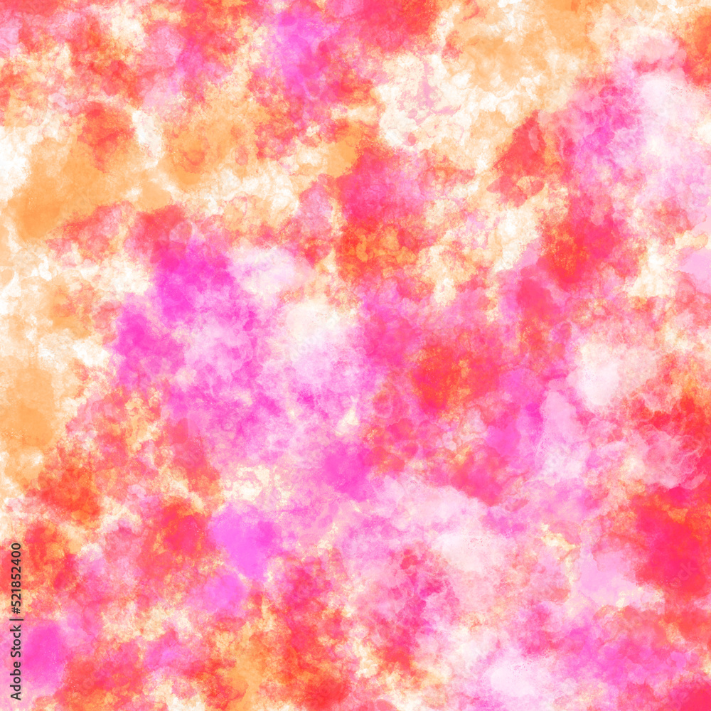 Pink, red, orange, white abstract bright hand-drawn textured blurry cloudy wet paintbrush watercolor stains background. Tie dye print. Batik imitation texture. Artistic vivid brushstroke wallpaper.