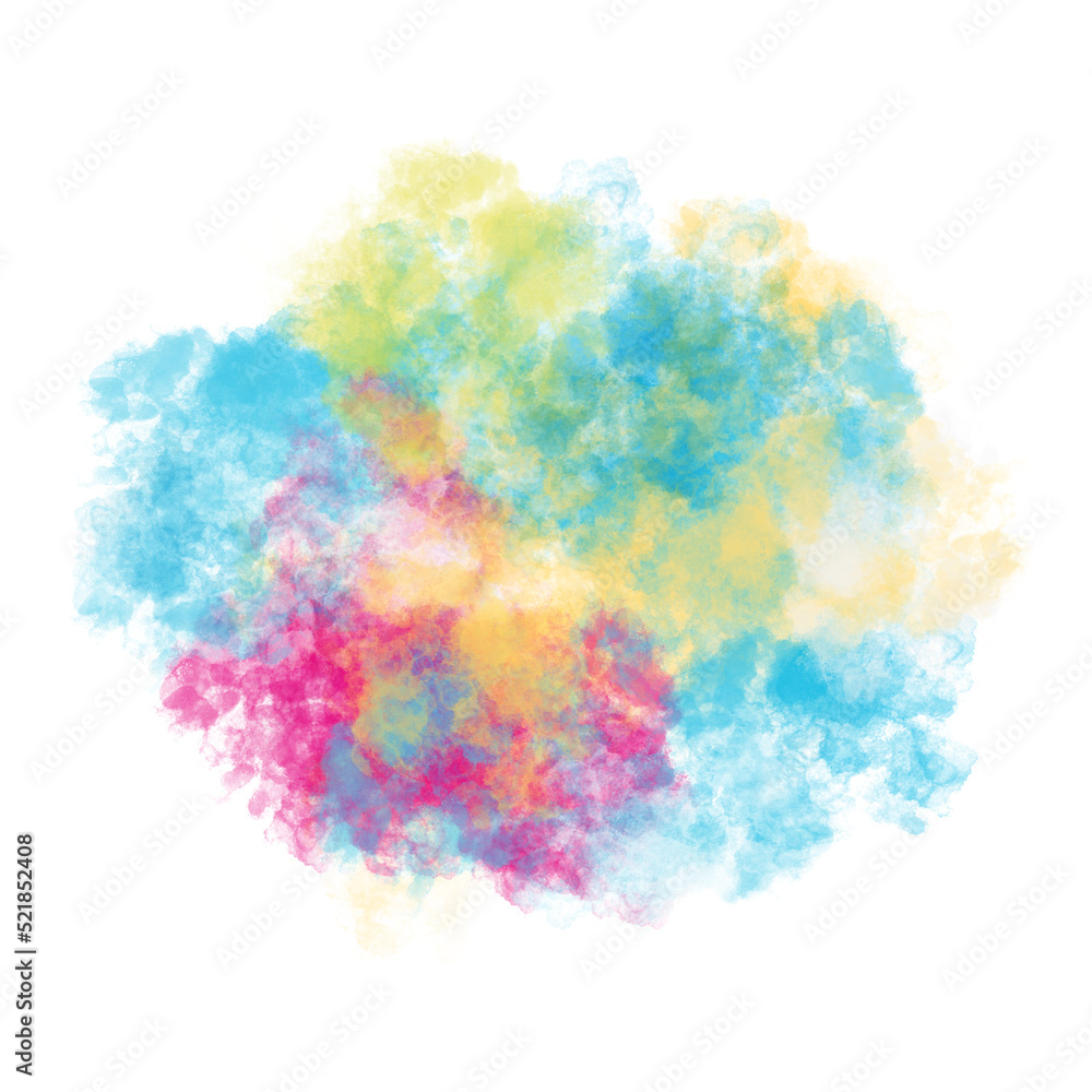 Multicolor dreamy watercolor cloud isolated on white background. Abstract hand-drawn blue, yellow, pink foggy blurred ink stain. Magic mist paintbrush spot. Fairy tale smoke blot.