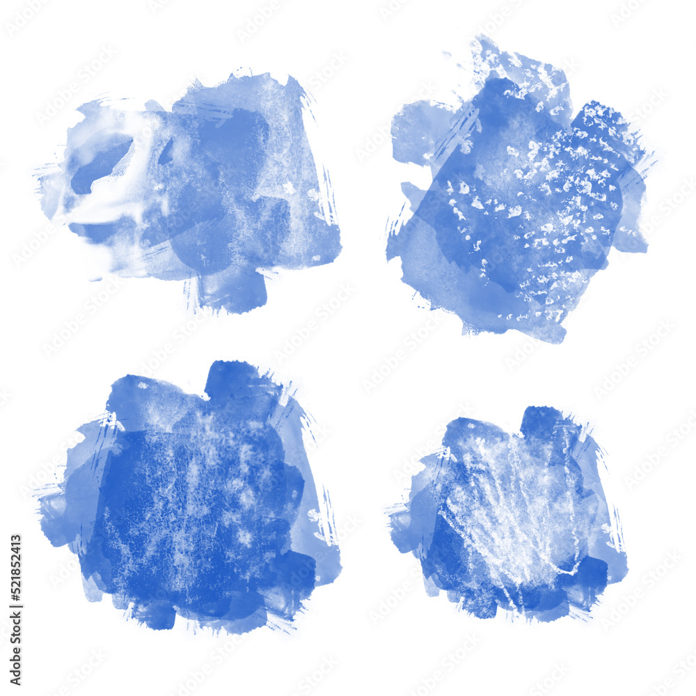 Fototapeta premium Set of 4 abstract hand-drawn blurred textured dark blue watercolor and white chalk or dry pastel stains isolated on white background. Collection of messy round stamps. Pack of graphic design elements.