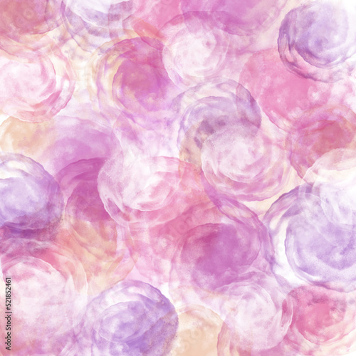 Abstract artisitc transparent overlapping round pastel purple, pink, orange, white watercolor paint swirls. Circle spiral brush strokes background. Muted color palette print. Romantic blurry texture.