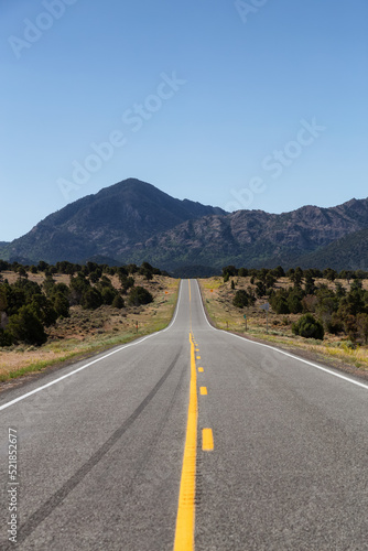 Scenic Highway Route in the Desert with American Mountain Landscape. Sunny Morning. Utah, United States of America.